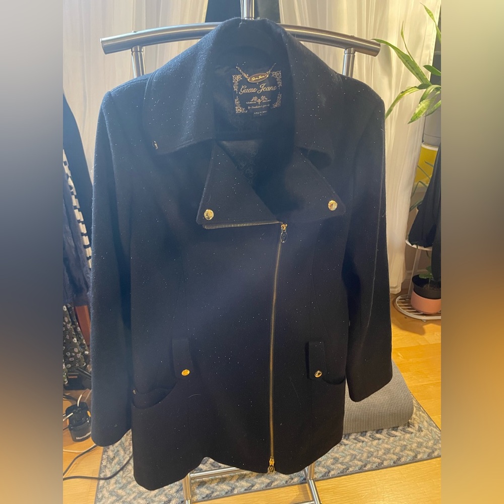 Guess Black Wool Pea Coat with Gold Accents